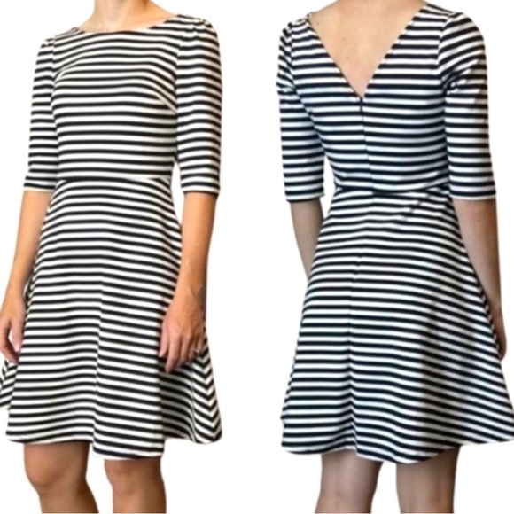 Pomelo Black & Off White Striped Dress, V Back, 3/4 sleeve, fit & flare, Med - Picture 1 of 8